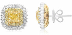 GIA LARGE 2.94CT WHITE & FANCY YELLOW DIAMOND 18KT TWO TONE GOLD STUD EARRINGS