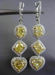 LARGE 4.02CT WHITE & FANCY YELLOW DIAMOND 18K 2 TONE GOLD HEART HANGING EARRINGS