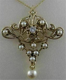 ANTIQUE DIAMOND PEARL 14K YELLOW GOLD OPEN FILIGREE VICTORIAN PIN PENDANT #2360