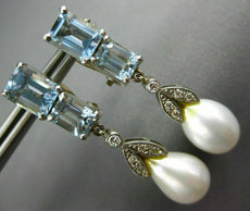 LARGE 3.92CT DIAMOND AAA AQUAMARINE & PEARL 14K WHITE GOLD LEAF HANGING EARRINGS