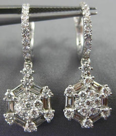 LARGE 14KT WHITE GOLD HUGGIE HANGING EARRINGS. 3D FLOWER OCTAGON DESIGN