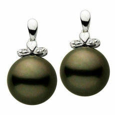 ESTATE .20CT DIAMOND & AAA TAHITIAN PEARL 14K WHITE GOLD 3D LEAF FLOWER EARRINGS