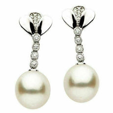 ESTATE .24CT DIAMOND & AAA SOUTH SEA PEARL 14K WHITE GOLD JOURNEY LEAF EARRINGS