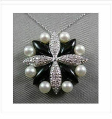 ANTIQUE 14KT DIAMONDS WITH BLACK ONYX & PEARLS FLOWER DESIGN WHITE GOLD PENDANT