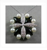 ANTIQUE 14KT DIAMONDS WITH BLACK ONYX & PEARLS FLOWER DESIGN WHITE GOLD PENDANT