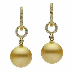ESTATE .29CT DIAMOND & AAA GOLDEN PEARL 18KT YELLOW GOLD HUGGIE HANGING EARRINGS