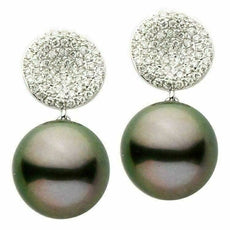 ESTATE LARGE .54CT DIAMOND & AAA TAHITIAN PEARL 14KT WHITE GOLD HANGING EARRINGS