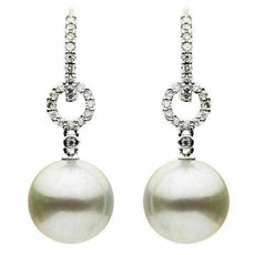 0.29CT DIAMOND & AAA SOUTH SEA PEARL 18K WHITE GOLD BEZEL HUGGIE HANGING EARRINGS