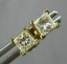 ESTATE .70CT PRINCESS CUT DIAMOND 14K YELLOW GOLD 3D SQUARE STUD EARRINGS #14261