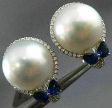 LARGE .92CT DIAMOND AAA SAPPHIRE & SOUTH SEA PEARL 18KT WHITE GOLD 3D EARRINGS