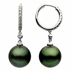 ESTATE .18CT DIAMOND & AAA TAHITIAN PEARL 14K WHITE GOLD HUGGIE HANGING EARRINGS
