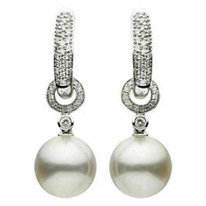 ESTATE .49CT DIAMOND & AAA SOUTH PEARL 18K WHITE GOLD 3D HUGGIE HANGING EARRINGS