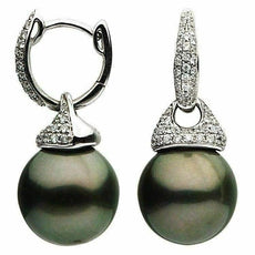 ESTATE LARGE .50CT DIAMOND & AAA TAHITIAN PEARL 14KT WHITE GOLD HUGGIE EARRINGS
