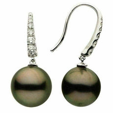ESTATE .30CT DIAMOND & AAA TAHITIAN PEARL 14KT WHITE GOLD 3D LEVERBACK EARRINGS