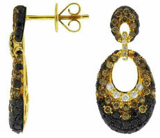 1.97CT WHITE BLACK & MOCHA DIAMOND 14KT YELLOW GOLD 3D OVAL HANGING EARRINGS