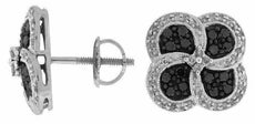 .76CT WHITE & BLACK DIAMOND 14KT WHITE GOLD 3D 4 LEAF CLOVER SCREW BACK EARRINGS