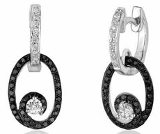 ESTATE .55CT WHITE & BLACK DIAMOND 14K WHITE GOLD 3D OVAL SWIRL HANGING EARRINGS