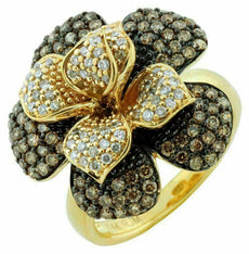 1.25CT WHITE & CHOCOLATE FANCY DIAMOND 14KT YELLOW GOLD 3D FLOWER ROSE LOVE RING