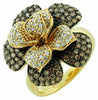 1.25CT WHITE & CHOCOLATE FANCY DIAMOND 14KT YELLOW GOLD 3D FLOWER ROSE LOVE RING