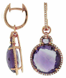 ESTATE 14.05CT DIAMOND & AAA AMETHYST 14K ROSE GOLD ROUND HALO HANGING EARRINGS