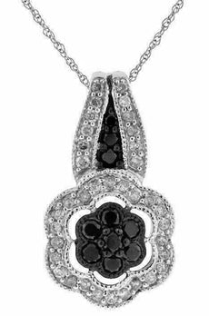 .51CT WHITE & BLACK DIAMOND 14KT WHITE GOLD 3D CLASSIC FLOWER FLOATING PENDANT