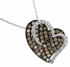 .84CT WHITE & MOCHA DIAMOND 14KT WHITE GOLD 3D PAVE DOUBLE HEART LOVE PENDANT