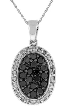 .72CT WHITE & BLACK DIAMOND 14KT WHITE GOLD CLUSTER OVAL HALO FLOATING PENDANT
