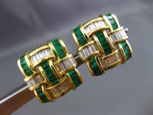 ESTATE 3.4CT DIAMOND EMERALD 14K YELLOW GOLD SQUARE INTERTWINED CLIP ON EARRINGS