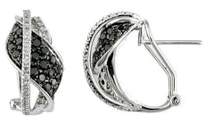 1.39CT WHITE & BLACK DIAMOND 14K WHITE GOLD PAVE LOVE KNOT LEAF CLIP ON EARRINGS