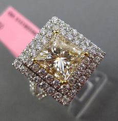 ESTATE LARGE GIA 3.86CT WHITE FANCY YELLOW DIAMOND 18K GOLD HALO ENGAGEMENT RING
