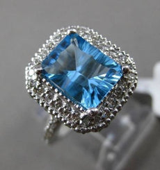 ESTATE LARGE 3.20CT DIAMOND & AAA BLUE TOPAZ 14KT WHITE GOLD 3D EMERALD CUT RING