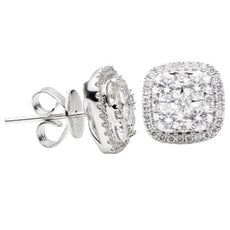 ESTATE .88CT DIAMOND 18KT WHITE GOLD 3D ROUND CLUSTER SQUARE HALO STUD EARRINGS