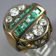 ANTIQUE LARGE 2.52CT OLD MINE DIAMOND & AAA EMERALD 14K YELLOW GOLD 3D OVAL RING