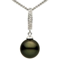ESTATE .07CT DIAMOND & AAA TAHITIAN PEARL 18KT WHITE GOLD 2 ROW PAVE BAR PENDANT