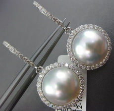 ESTATE LARGE .62CT DIAMOND & AAA PEARL 18KT WHITE GOLD 3D HALO HANGING EARRINGS