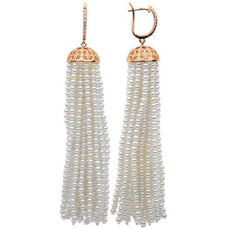 ESTATE LARGE .25CT DIAMOND AAA PEARL 14KT ROSE GOLD MULTI STRAND TASSLE EARRINGS