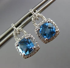 ESTATE 2.65CT DIAMOND & BLUE TOPAZ 14KT WHITE GOLD SQUARE HALO HANGING EARRINGS
