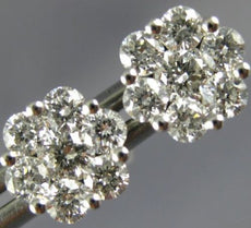 ESTATE .94CT DIAMOND 18KT WHITE GOLD 3D 8mm CLASSIC CLUSTER FLOWER STUD EARRINGS