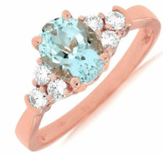 1.42CT DIAMOND & AAA AQUAMARINE 14KT ROSE GOLD 3D OVAL & ROUND ENGAGEMENT RING