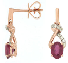 ESTATE 1.20CT DIAMOND & AAA RUBY 14KT ROSE GOLD 3D ROUND & OVAL HANGING EARRINGS