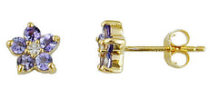 ESTATE .65CT DIAMOND & AAA TANZANITE 14K YELLOW GOLD 3D FLOWER STUD EARRINGS