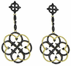1.0CT BLACK DIAMOND 14K YELLOW GOLD 3D FLOWER FILIGREE MILGRAIN HANGING EARRINGS