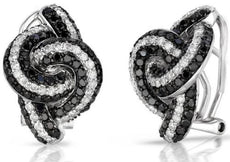 ESTATE LARGE 2.20CT WHITE & BLACK DIAMOND 14KT WHITE GOLD 3D LOVE KNOT EARRINGS