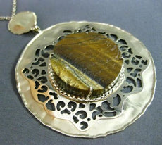 ESTATE LARGE & LONG TIGER EYE 14KT YELLOW GOLD 3D HANDCRAFTED FILIGREE NECKLACE