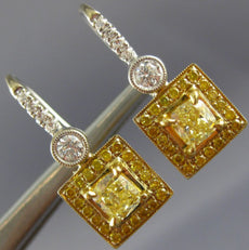 ESTATE LARGE 2.62CT WHITE & FANCY YELLOW DIAMOND 18K 2 TONE GOLD SQUARE EARRINGS