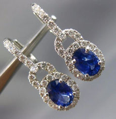 ESTATE 2.58CT DIAMOND & AAA SAPPHIRE 14KT WHITE GOLD OVAL HALO HANGING EARRINGS