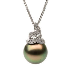 ESTATE .12CT DIAMOND & AAA TAHITIAN PEARL 18KT WHITE GOLD MILGRAIN SWIRL PENDANT