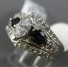 ESTATE 1.57CT DIAMOND & SAPPHIRE 14KT WHITE GOLD 3D 3 STONE LOVE ENGAGEMENT RING