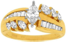 ESTATE 1.18CT MARQUISE ROUND & BAGUETTE DIAMOND 14KT YELLOW GOLD ENGAGEMENT RING