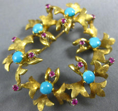 ANTIQUE AAA TURQUOISE RUBY 18K YELLOW GOLD FLORAL WREATH CIRCLE BROOCH PIN #1956